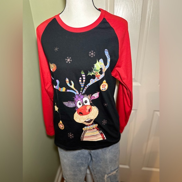Raglan Red Sleeve Funny Reindeer Graphic Print Crew Neck T-shirt🦌 - Picture 6 of 11